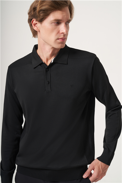 Siyah Polo Yaka Uzun Kol Örme Comfort Fit Pamuklu Kazak 1012265159