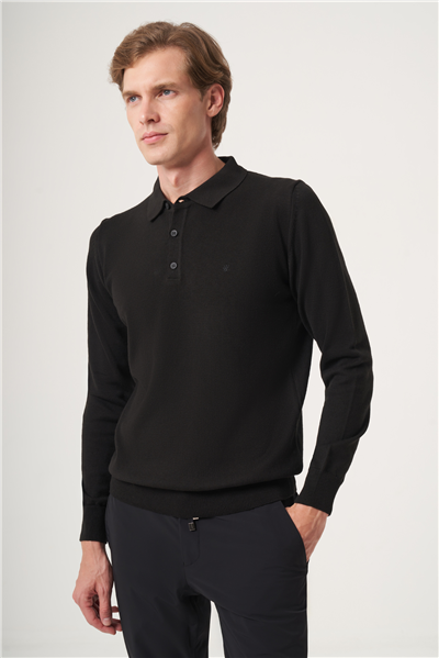 Siyah Polo Yaka Uzun Kol Örme Comfort Fit Pamuklu Kazak 1012265007