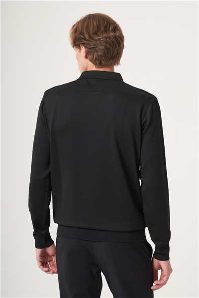 Siyah Polo Yaka Uzun Kol Örme Comfort Fit Pamuklu Kazak 1012265159