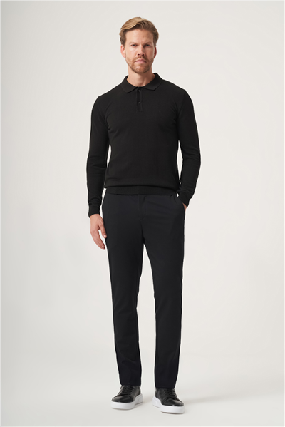 Siyah Polo Yaka Uzun Kol Örme Comfort Fit Pamuklu Kazak 1012265150