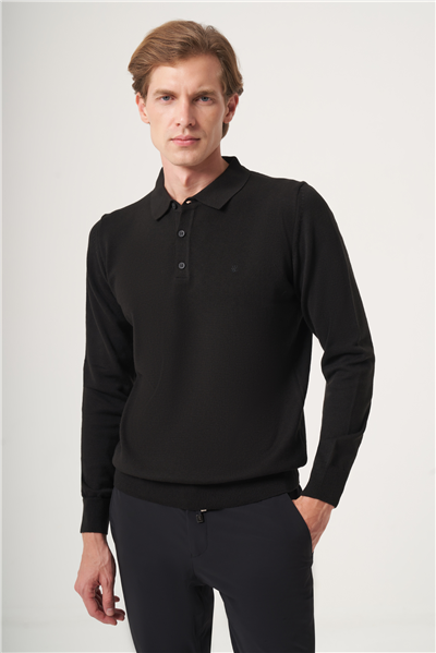 Siyah Polo Yaka Uzun Kol Örme Comfort Fit Pamuklu Kazak 1012265007