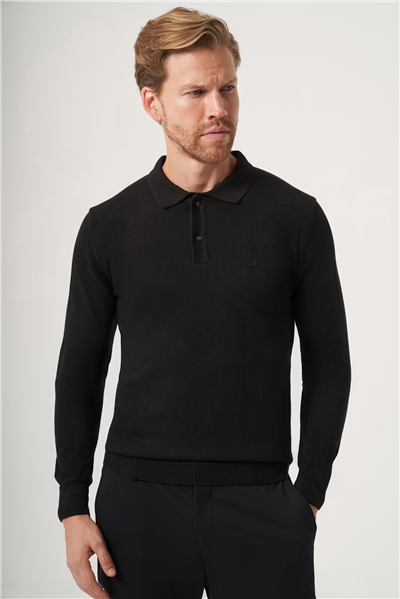 Siyah Polo Yaka Uzun Kol Örme Comfort Fit Pamuklu Kazak 1012265150