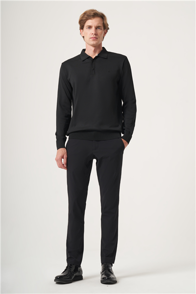 Siyah Polo Yaka Uzun Kol Örme Comfort Fit Pamuklu Kazak 1012265159