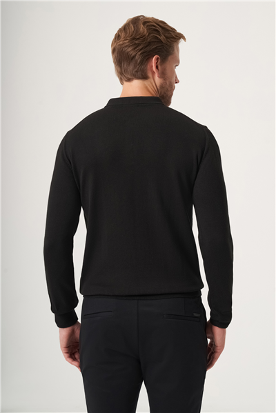 Siyah Polo Yaka Uzun Kol Örme Comfort Fit Pamuklu Kazak 1012265150