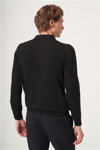 Siyah Polo Yaka Uzun Kol Örme Comfort Fit Pamuklu Kazak 1012265007