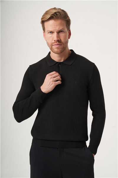 Siyah Polo Yaka Uzun Kol Örme Comfort Fit Pamuklu Kazak 1012265150