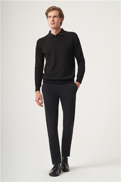 Siyah Polo Yaka Uzun Kol Örme Comfort Fit Pamuklu Kazak 1012265007