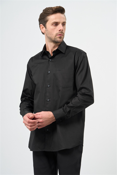 Siyah Sert Yaka Cepli Comfort Fit Classic Pamuklu Gömlek 1004255323