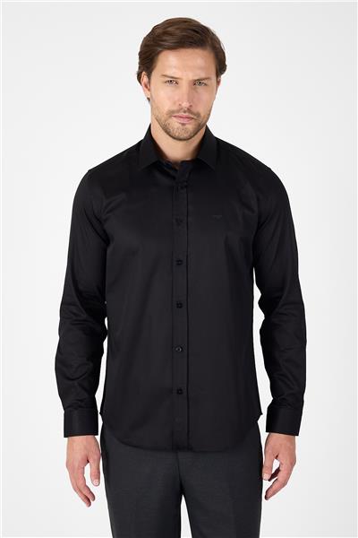 Siyah Sert Yaka Düz Classic %100 Pamuk Slim Fit Gömlek 1004250324