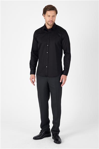 Siyah Sert Yaka Düz Classic %100 Pamuk Slim Fit Gömlek 1004250324