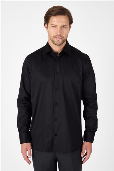 Siyah Sert Yaka Düz Classic %100 Pamuk Comfort Fit Gömlek 1004250323