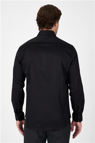 Siyah Sert Yaka Düz Classic %100 Pamuk Slim Fit Gömlek 1004250324