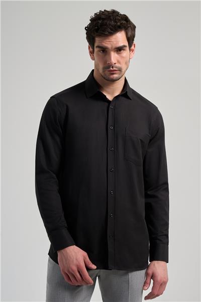 Siyah Sert Yaka Düz Classic Pamuklu Comfort Fit Gömlek 1004250213