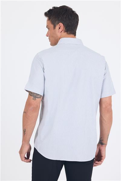 Mavi Çizgili Sert Yaka Kısa Kol Cepli  Comfort Fit Gömlek 1004250259