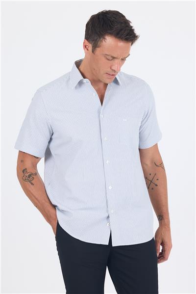 Mavi Çizgili Sert Yaka Kısa Kol Cepli  Comfort Fit Gömlek 1004250259