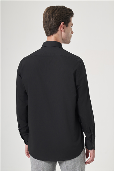 Siyah Sert Yaka Uzun Kol Cepli Comfort Fit Pamuklu Gömlek 1004260179