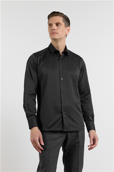 Siyah Sert Yaka Uzun Kol Cepsiz Slim Fit Pamuklu Gömlek 1004255228