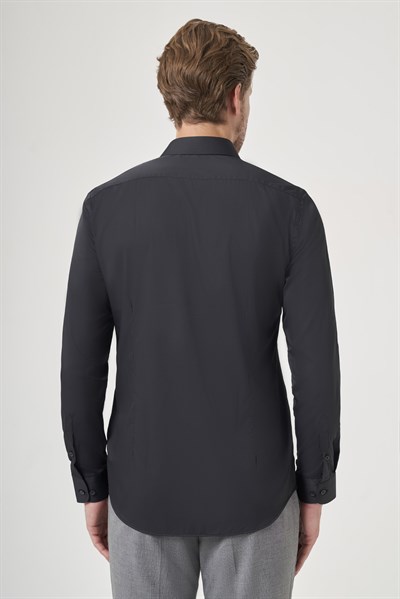 Siyah Sert Yaka Uzun Kol Cepsiz Slim Fit Esnek Su İtici Gömlek 1004260234