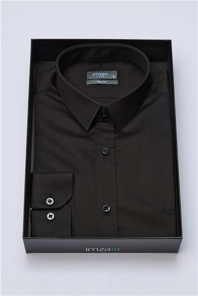 Siyah Sert Yaka Uzun Kol Cepsiz Slim Fit %100 Pamuk Gömlek 1004260324