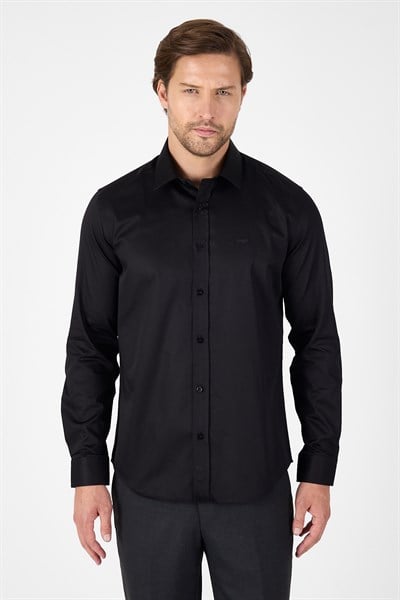 Siyah Sert Yaka Uzun Kol Cepsiz Slim Fit %100 Pamuk Gömlek 1004260324