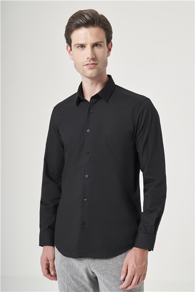 Siyah Sert Yaka Uzun Kol Cepsiz Slim Fit Pamuklu Gömlek 1004260181