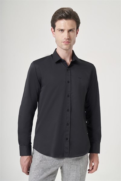 Siyah Sert Yaka Uzun Kol Cepsiz Slim Fit Pamuklu Gömlek 1004260213