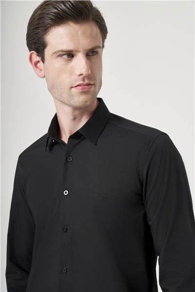 Siyah Sert Yaka Uzun Kol Cepsiz Slim Fit Pamuklu Gömlek 1004260181