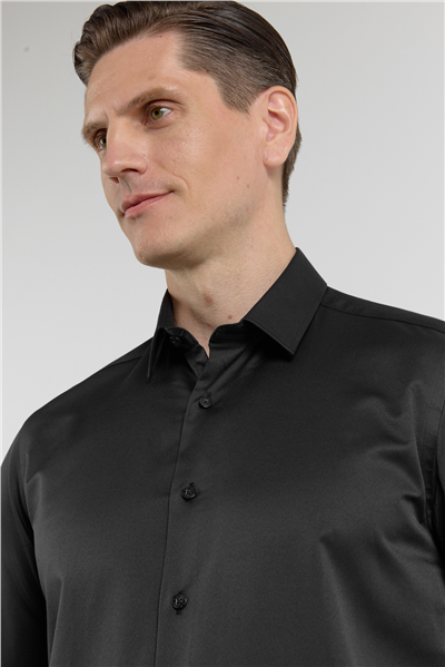 Siyah Sert Yaka Uzun Kol Cepsiz Slim Fit Pamuklu Gömlek 1004255228