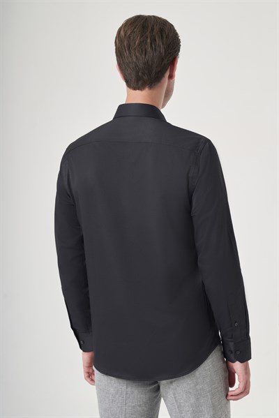 Siyah Sert Yaka Uzun Kol Cepsiz Slim Fit Pamuklu Gömlek 1004260213