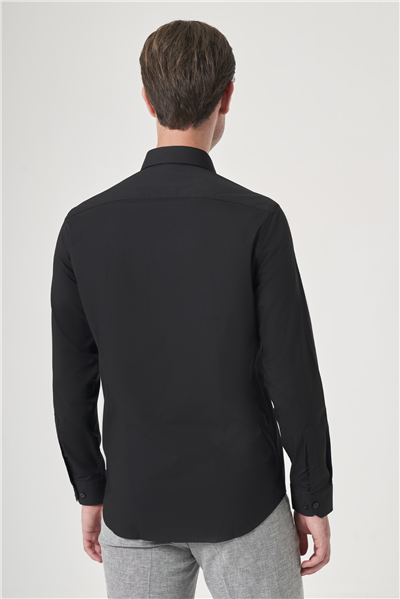Siyah Sert Yaka Uzun Kol Cepsiz Slim Fit Pamuklu Gömlek 1004260181