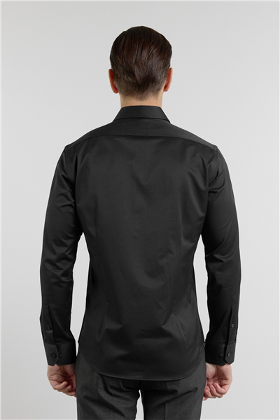 Siyah Sert Yaka Uzun Kol Cepsiz Slim Fit Pamuklu Gömlek 1004255228