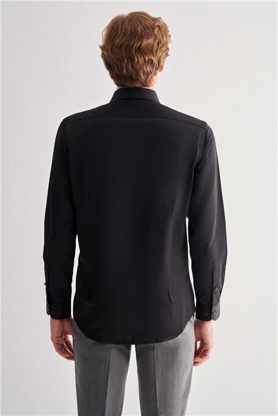 Siyah Sert Yaka Uzun Kol Slim Fit Pamuklu Gömlek 1004255175