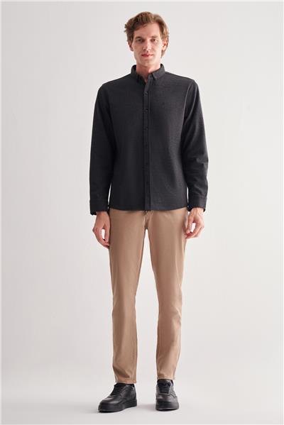 Siyah Smart Düğmeli Yaka Uzun Kol Cepsiz Slim Fit Casual Gömlek 1004255171