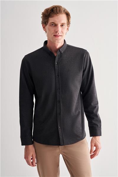 Siyah Smart Düğmeli Yaka Uzun Kol Cepsiz Slim Fit Casual Gömlek 1004255171