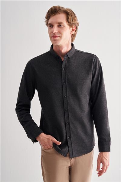 Siyah Smart Düğmeli Yaka Uzun Kol Cepsiz Slim Fit Casual Gömlek 1004255171