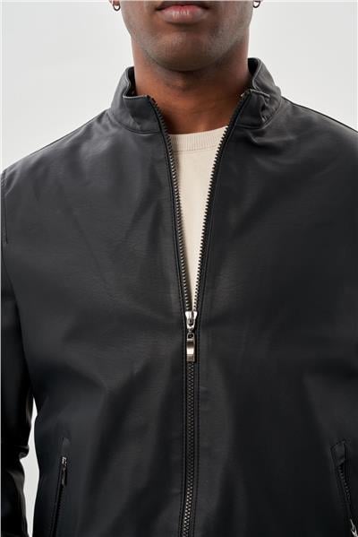 Siyah Suni Deri Hakim Yaka Düz Yırtmaçsız Tam Astar Slim Fit Casual Deri Mont 1038245152