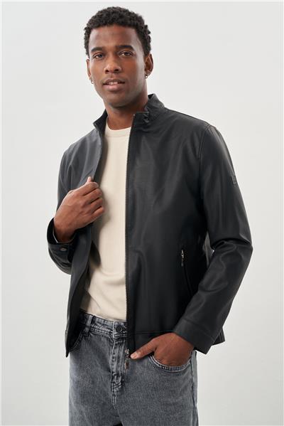 Siyah Suni Deri Hakim Yaka Düz Yırtmaçsız Tam Astar Slim Fit Casual Deri Mont 1038245152