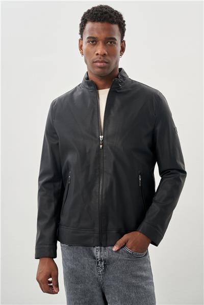 Siyah Suni Deri Hakim Yaka Düz Yırtmaçsız Tam Astar Slim Fit Casual Deri Mont 1038245152