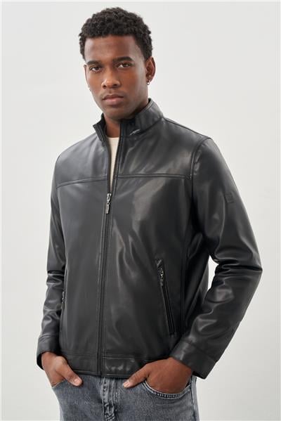 Siyah Suni Deri Hakim Yaka Düz Yırtmaçsız Tam Astar Slim Fit Casual Deri Mont 1038245151