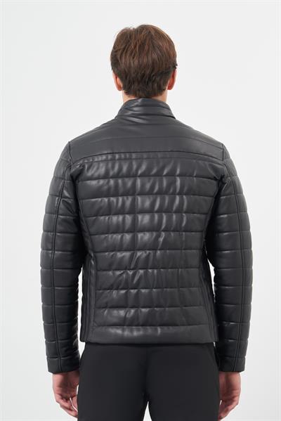 Siyah Suni Deri Hakim Yaka Düz Yırtmaçsız Tam Astar Slim Fit Casual Deri Mont 1038245153