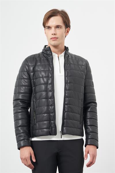 Siyah Suni Deri Hakim Yaka Düz Yırtmaçsız Tam Astar Slim Fit Casual Deri Mont 1038245153