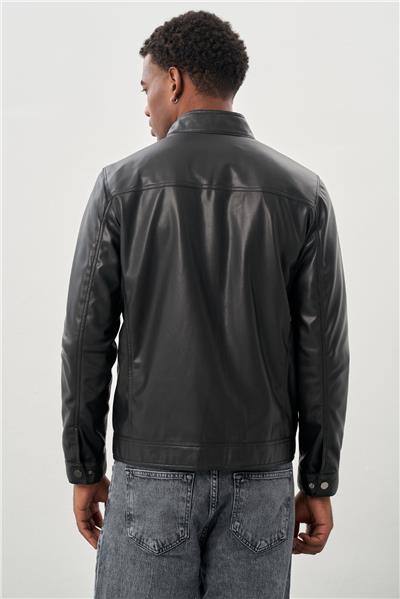 Siyah Suni Deri Hakim Yaka Düz Yırtmaçsız Tam Astar Slim Fit Casual Deri Mont 1038245151
