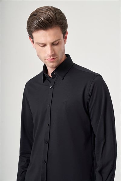 Siyah Tulum Yaka Uzun Kol Cepsiz Örme Slim Fit Pamuklu Gömlek 1004260208