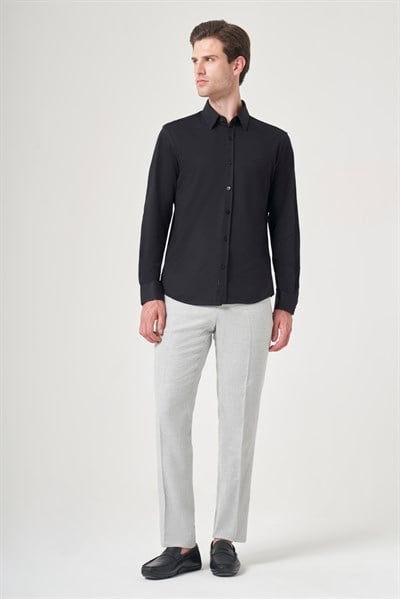 Siyah Tulum Yaka Uzun Kol Cepsiz Örme Slim Fit Pamuklu Gömlek 1004260208