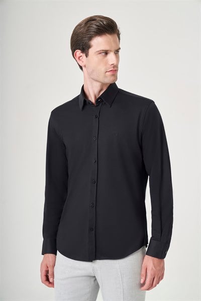 Siyah Tulum Yaka Uzun Kol Cepsiz Örme Slim Fit Pamuklu Gömlek 1004260208