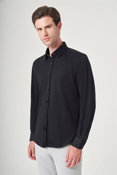 Siyah Tulum Yaka Uzun Kol Cepsiz Örme Slim Fit Pamuklu Gömlek 1004260208