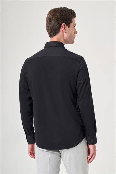 Siyah Tulum Yaka Uzun Kol Cepsiz Örme Slim Fit Pamuklu Gömlek 1004260208