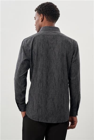 Siyah Uzun Kol Baskılı Bez Ayağı Sert Yaka Cepli Pamuklu Classic Comfort Fit Gömlek 1004245214