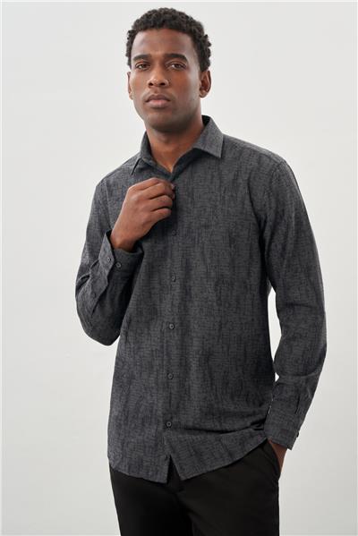 Siyah Uzun Kol Baskılı Bez Ayağı Sert Yaka Cepli Pamuklu Classic Comfort Fit Gömlek 1004245214