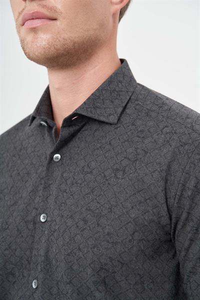 Siyah Uzun Kol Yarım İtalyan Yaka Cepsiz Pamuklu Classic Slim Fit Gömlek 1004245222